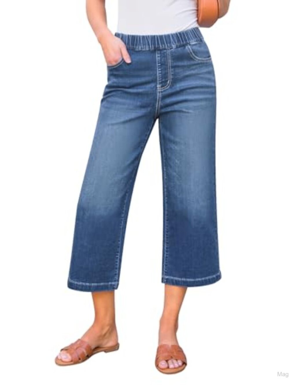 Wide Leg High Waisted Capri Jeans with Pockets